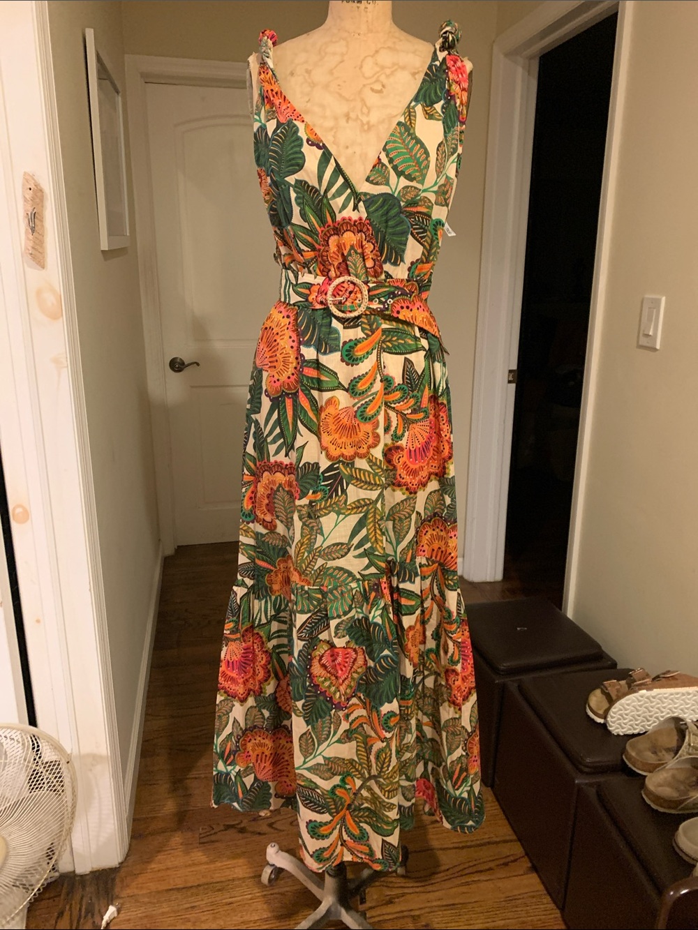 NWT H&M Cream Maxi Dress with Green Leaves and Orange Floral Print